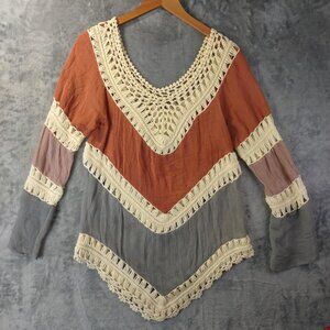 Gauzy Boho Tunic LongSleeve Crochet Trim Lagenlook Festival Granola Girl Casual‎